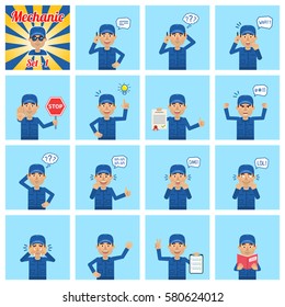 Big set of mechanic characters showing different actions, gestures, emotions. Cheerful worker talking on phone, holding stop sign, reading a book and doing other actions. Simple vector illustration