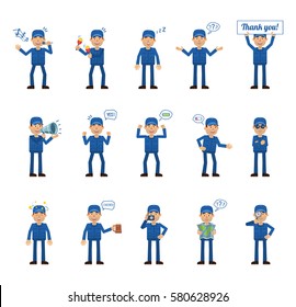 Big set of mechanic characters showing different actions, gestures, emotions. Cheerful worker singing, sleeping, holding loudspeaker, banner, map and doing other actions. Simple vector illustration