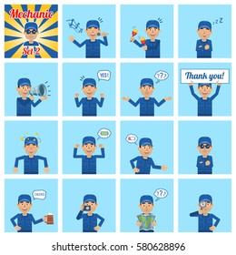 Big set of mechanic emoticons showing different actions, gestures, emotions. Cheerful worker singing, sleeping, holding loudspeaker, banner, map and doing other actions. Simple vector illustration