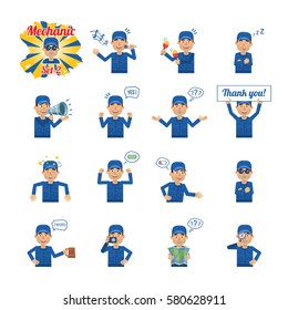 Big set of mechanic emoticons showing different actions, gestures, emotions. Cheerful worker singing, sleeping, holding loudspeaker, banner, map and doing other actions. Simple vector illustration