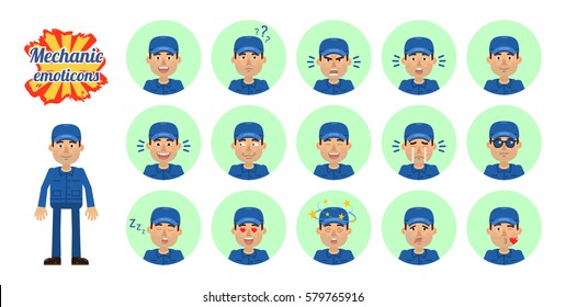Big set of mechanic emoticons. Worker emojis showing different facial expressions. Happy, smile, sad, laugh, surprised, serious, dizzy, tired, crying and other emotions. Simple vector illustration