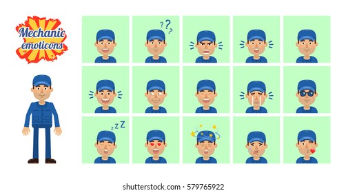 Big set of mechanic emoticons. Worker emojis showing different facial expressions. Happy, smile, sad, laugh, surprised, serious, dizzy, tired, crying and other emotions. Simple vector illustration