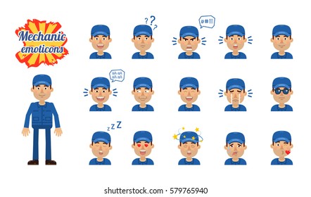 Big set of mechanic emoticons. Worker emojis showing different facial expressions. Happy, smile, sad, laugh, surprised, serious, dizzy, tired, crying and other emotions. Simple vector illustration