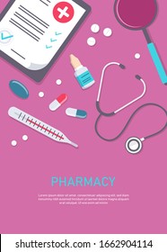 Big set of medical equipment and pharmacy. Pharmacy square frame with pills, drugs, medical bottles. Pharmacy vector flat illustration. Banner in medicine and healthcare. vector illustration