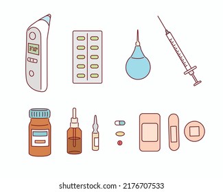 Big set of medical equipment and pharmacy. Hand drawn style vector design illustrations.