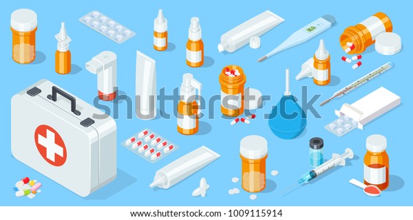 医療機器と薬局の大きなセット 救急箱 等角投影のベクターイラスト のベクター画像素材 ロイヤリティフリー