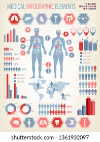 Gran conjunto de elementos de infografía médica. Cuerpo humano con órganos internos. Vector. 