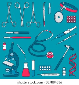 Big set of medical instruments and medical equipment. Hand drawn icons collection, medical set. Vector background with sketch objects. Colorful elements. Illustration with medical tools