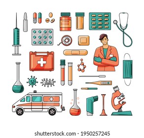 Big set of medical instruments, medicines and a doctor. First aid kit. Vector colorful elements. Cartoon.