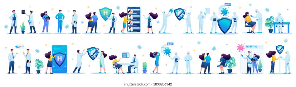 Big Set of medical personage for creating illustrations and landing pages. Transmission of the virus, testing for the virus.