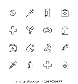 Big set of medicaments line icons. Vector illustration isolated on a white background. Premium quality symbols. Stroke vector icons for concept or web graphics. Simple thin line signs. 