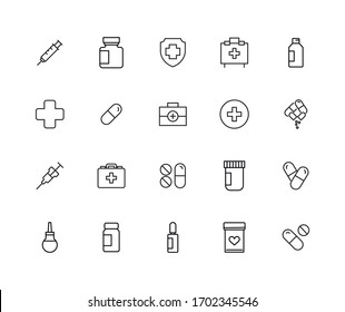 Big set of medicaments line icons. Vector illustration isolated on a white background. Premium quality symbols. Stroke vector icons for concept or web graphics. Simple thin line signs. 