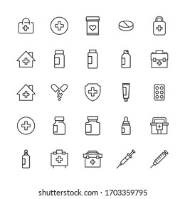 Big set of medicaments line icons. Vector illustration isolated on a white background. Premium quality symbols. Stroke vector icons for concept or web graphics. Simple thin line signs. 