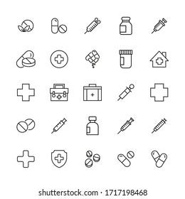 Big set of medicaments line icons. Vector illustration isolated on a white background. Premium quality symbols. Stroke vector icons for concept or web graphics. Simple thin line signs. 