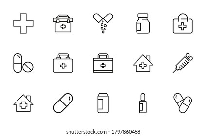 Big set of medicaments line icons. Vector illustration isolated on a white background. Premium quality symbols. Stroke vector icons for concept or web graphics. Simple thin line signs.