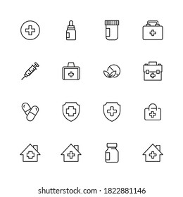 Big set of medicaments line icons. Vector illustration isolated on a white background. Premium quality symbols. Stroke vector icons for concept or web graphics. Simple thin line signs.