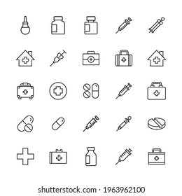 Big set of medicaments line icons. Vector illustration isolated on a white background. Premium quality symbols. Stroke vector icons for concept or web graphics. Simple thin line signs.