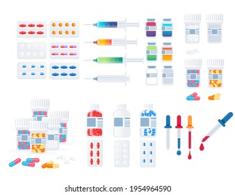 Big set of medicine and pharmacy drugs pills injection and drops vector illustration on white background