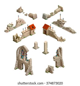 Big set of medieval buildings, isometric game art isolated on white