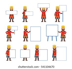 Big set of medieval king characters posing with different blank banners. Cheerful king holding paper, poster, placard, pointing to whiteboard. Teach, advertise, promote. Flat vector illustration