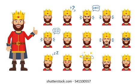 Gran conjunto de emoticonos del rey medieval. Los avatares del rey muestran diferentes expresiones faciales. Feliz, triste, llanto, risa, sorprendido, serio, en amor, pensamiento y otras emociones. Ilustración vectorial de estilo plano