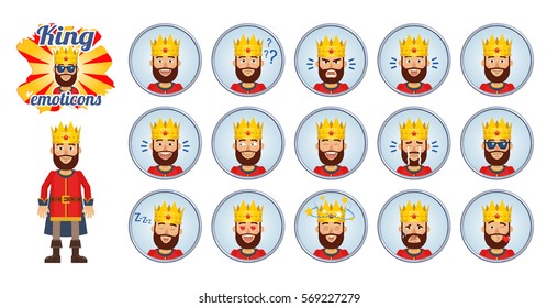 Big set of medieval king emoticons. King avatars showing different facial expressions. Happy, sad, smile, laugh, surprised, serious, sleepy, angry and other emotions. Simple vector illustration