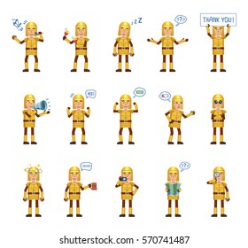 Big set of medieval knight characters showing different actions, gestures, emotions. Cheerful knight singing, sleeping, holding loudspeaker, banner and doing other actions. Simple vector illustration