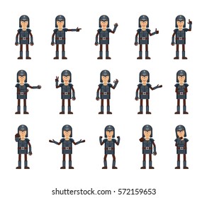 Big set of medieval knight characters showing different hand gestures. Cheerful knight showing thumb up, pointing, greeting, stop, victory sign and other hand gestures. Simple vector illustration