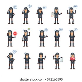 Big set of medieval knight characters showing different actions, gestures, emotions. Cheerful knight talking on phone, holding stop sign, document and doing other actions. Simple vector illustration