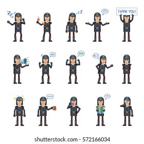 Big set of medieval knight characters showing different actions, gestures, emotions. Cheerful knight singing, holding loudspeaker, banner, map and doing other actions. Simple vector illustration