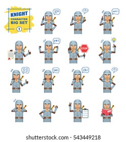 Big set of medieval knight emoticons showing different actions, gestures, emotions. Cheerful knight talking on phone, holding stop sign, document and doing other actions. Simple vector illustration