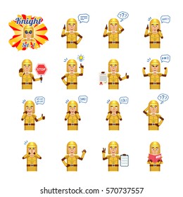Big set of medieval knight emoticons showing different actions, gestures, emotions. Cheerful knight talking on phone, holding stop sign, document and doing other actions. Simple vector illustration