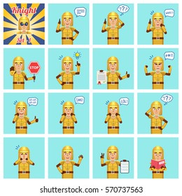 Big set of medieval knight emoticons showing different actions, gestures, emotions. Cheerful knight talking on phone, holding stop sign, document and doing other actions. Simple vector illustration