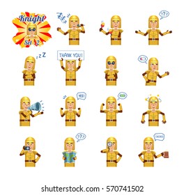 Big set of medieval knight emoticons showing different actions, gestures, emotions. Cheerful knight singing, sleeping, holding loudspeaker, banner and doing other actions. Simple vector illustration