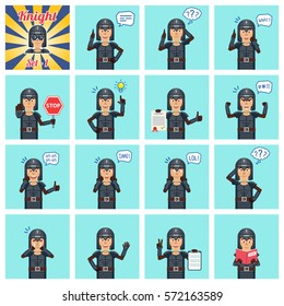 Big set of medieval knight emoticons showing different actions, gestures, emotions. Cheerful knight talking on phone, holding stop sign, document and doing other actions. Simple vector illustration