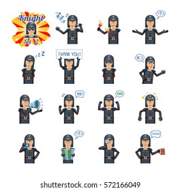 Big set of medieval knight emoticons showing different actions, gestures, emotions. Cheerful knight singing, holding loudspeaker, banner, map and doing other actions. Simple vector illustration