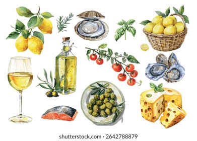 Grande conjunto de png de comida mediterrânea e italiana. Limões, frutos do mar, peixes, ostras, taças de vinho, tomates e azeitonas. Produtos italianos. Elementos para menu de restaurante. Ilustração vetorial.