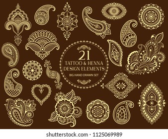 Big set of Mehndi flower pattern for Henna drawing and tattoo. Decoration in ethnic oriental, Indian style.