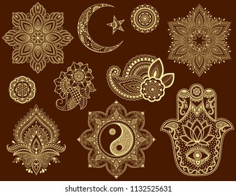 Big set of Mehndi flower pattern, mandala, Star and Crescent, Yin-yang symbol and Hamsa for Henna drawing and tattoo. Decoration in ethnic oriental style.