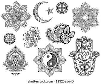 Big set of Mehndi flower pattern, mandala, Star and Crescent, Yin-yang symbol and Hamsa for Henna drawing and tattoo. Decoration in ethnic oriental style.