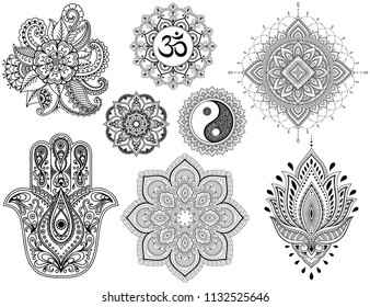 Big set of Mehndi flower pattern, mandala, mantra OM, Yin-yang symbol and Hamsa for Henna drawing and tattoo. Decoration in ethnic oriental, Indian style.