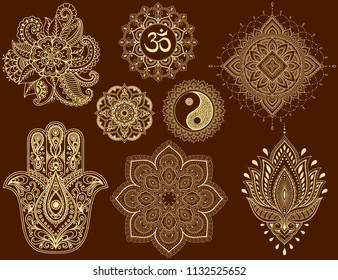 Big set of Mehndi flower pattern, mandala, mantra OM, Yin-yang symbol and Hamsa for Henna drawing and tattoo. Decoration in ethnic oriental, Indian style.