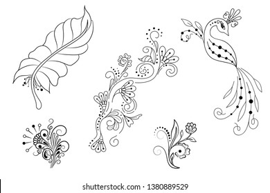 Big set of Mehndi flower pattern for Henna drawing and tattoo. Decoration in ethnic oriental, Indian style