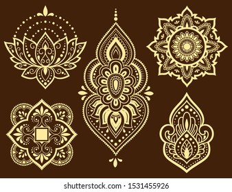 Big set of Mehndi flower pattern, lotus and mandala for Henna drawing and tattoo. Decoration in ethnic oriental, Indian style.