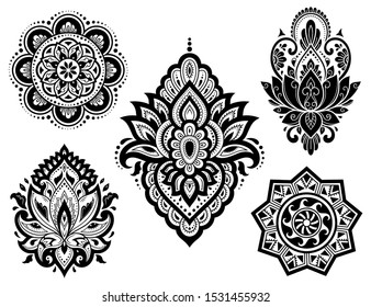 Big set of Mehndi flower pattern, lotus and mandala for Henna drawing and tattoo. Decoration in ethnic oriental, Indian style.