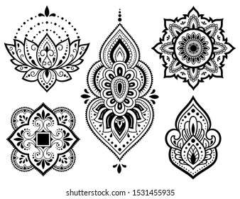 Big set of Mehndi flower pattern, lotus and mandala for Henna drawing and tattoo. Decoration in ethnic oriental, Indian style.