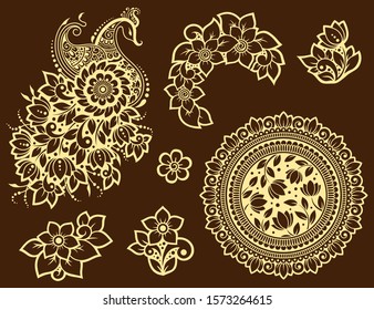 Big set of Mehndi flower pattern, peacock and mandala for Henna drawing and tattoo. Decoration in ethnic oriental, Indian style. Doodle ornament. Outline hand draw vector illustration.