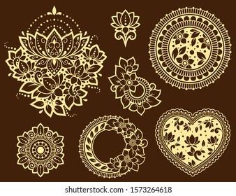 Big set of Mehndi flower pattern, lotus, heart and mandala for Henna drawing and tattoo. Decoration in ethnic oriental, Indian style. Doodle ornament. Outline hand draw vector illustration.