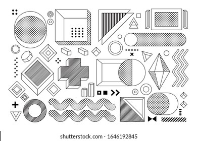 Big set of memphis design geometric elements, template for your unique project. Original outline vector (non expanded stroke) except the pattern.