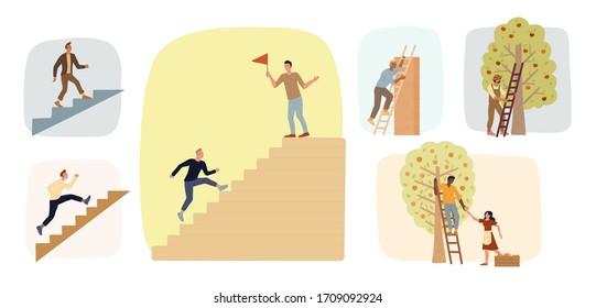 Un gran grupo de hombres subiendo escaleras. Los agricultores usan escaleras para recolectar fruta. Lograr ambiciones, deseo de poder, crecimiento de carrera. Empresa plana vectorial, colección de ilustraciones agrícolas.